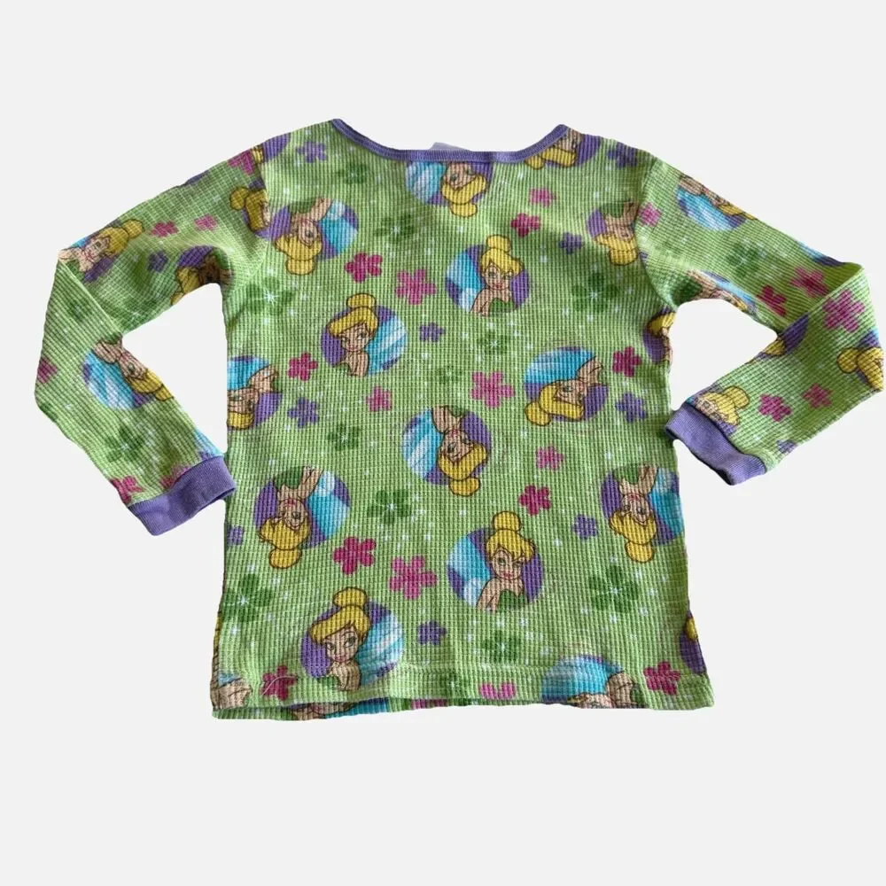 Vintage Y2K Girl's Disney Fairies Tinker Bell Thermal Pajama 2 Piece Set Sz 6